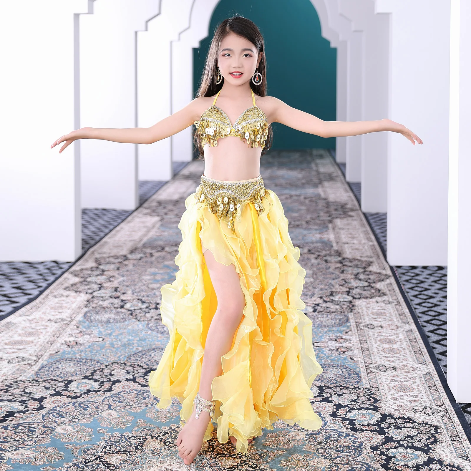 Ensemble de costumes de danse du ventre pour enfants, vêtements de danse orientale pour enfants, tenue pour filles, soutien-gorge, ceinture, jupe perlée