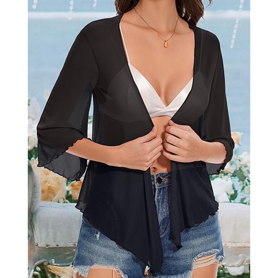Combhasaki Cardigan court pour femme, boléro transparent à nouer sur le devant, haut à manches 3/4, veste courte, cache-maillot de bain, tenue de plage