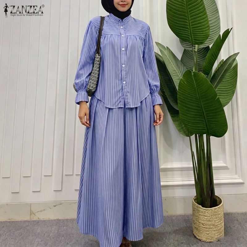Tenues musulmanes ZANZEA, ensembles de 2 pièces, mode féminine, robe longue à rayures, ensembles de chemises à col montant, jupe, costume islamique