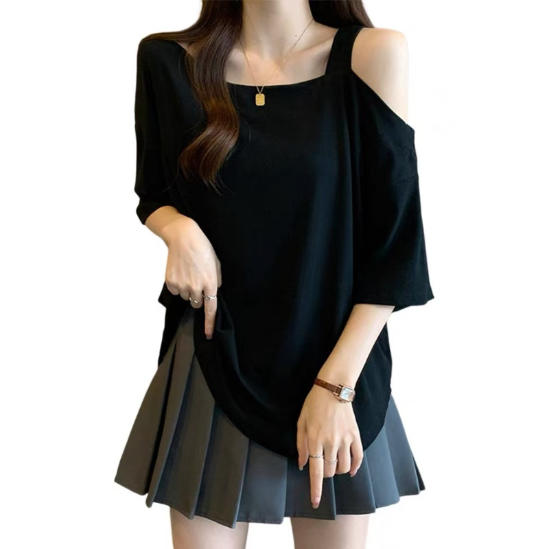 T-shirt d'été grande taille pour femme, nouvelle collection, couleur unie, coupe ample et légère, anti-âge, asymétrique, épaules dénudées, manches courtes