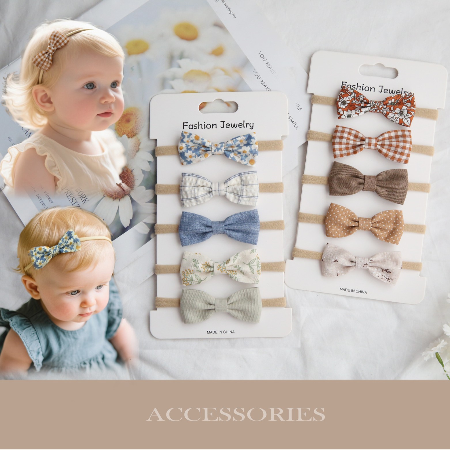 Lot de 5 élastiques à cheveux faits main pour filles, bandeaux mignons à nœuds, accessoires élégants pour bébés, attaches tendance pour enfants