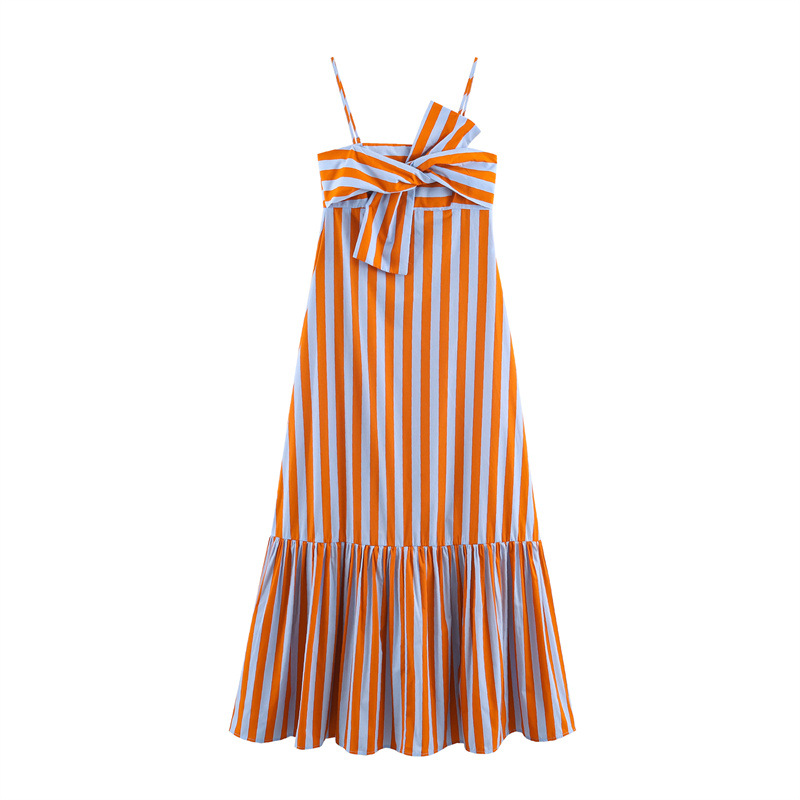 Ensemble 2 pièces pour femmes, chemisier à manches longues à col en V rayé orange, robe midi à volants avec bretelles spaghetti et nœud, ensemble assorti décontracté pour les vacances