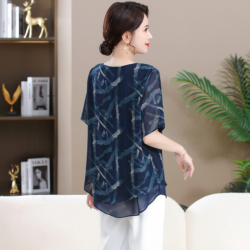 T-shirt à manches mi-longues en mousseline de soie pour femmes, chemisier à revers, motifs rétro, grande taille, vêtements d'été, nouveau, 2024