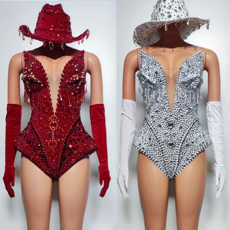 Tenue de Festival de chanteur pour femmes, Bar, discothèque, Dj Ds Gogo, vêtements de pôle danse, argent rouge, strass complets, chapeau de body