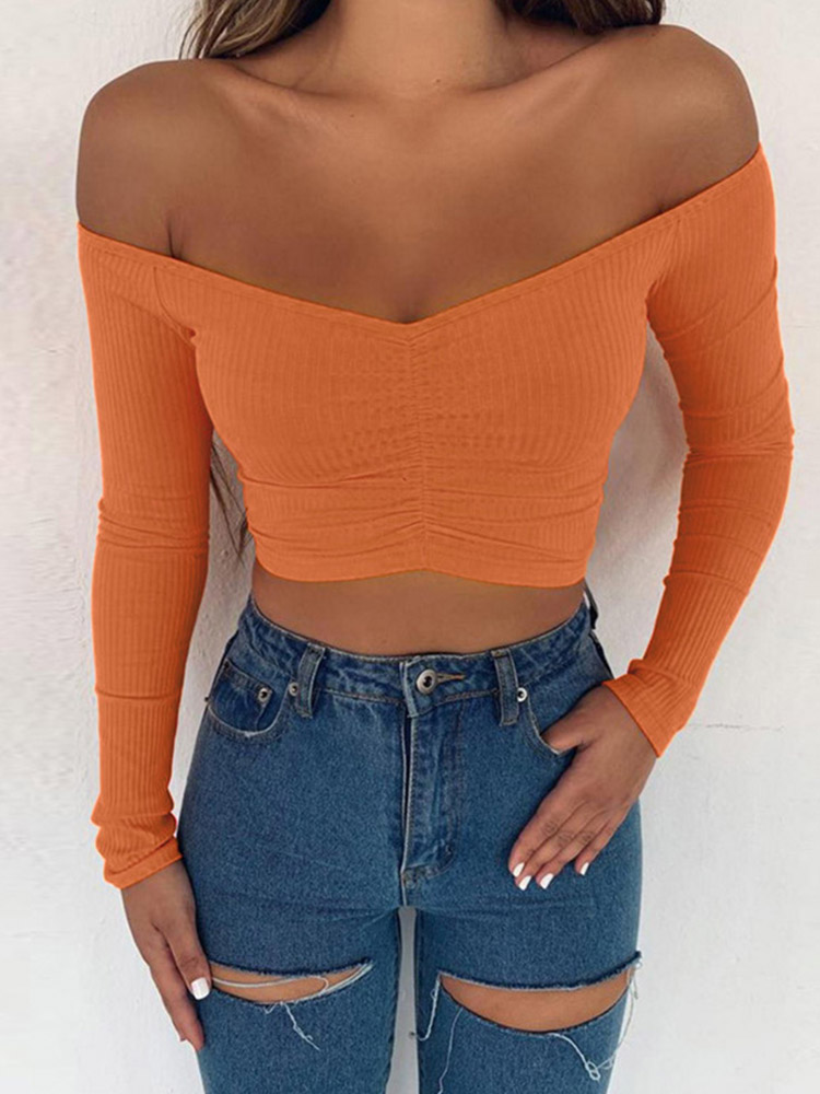 T-shirts pour femmes, sexy et tendance pour les soirées, T-shirt à manches longues, épaules dénudées, couleur unie, T-shirt basique pour femme, automne.
