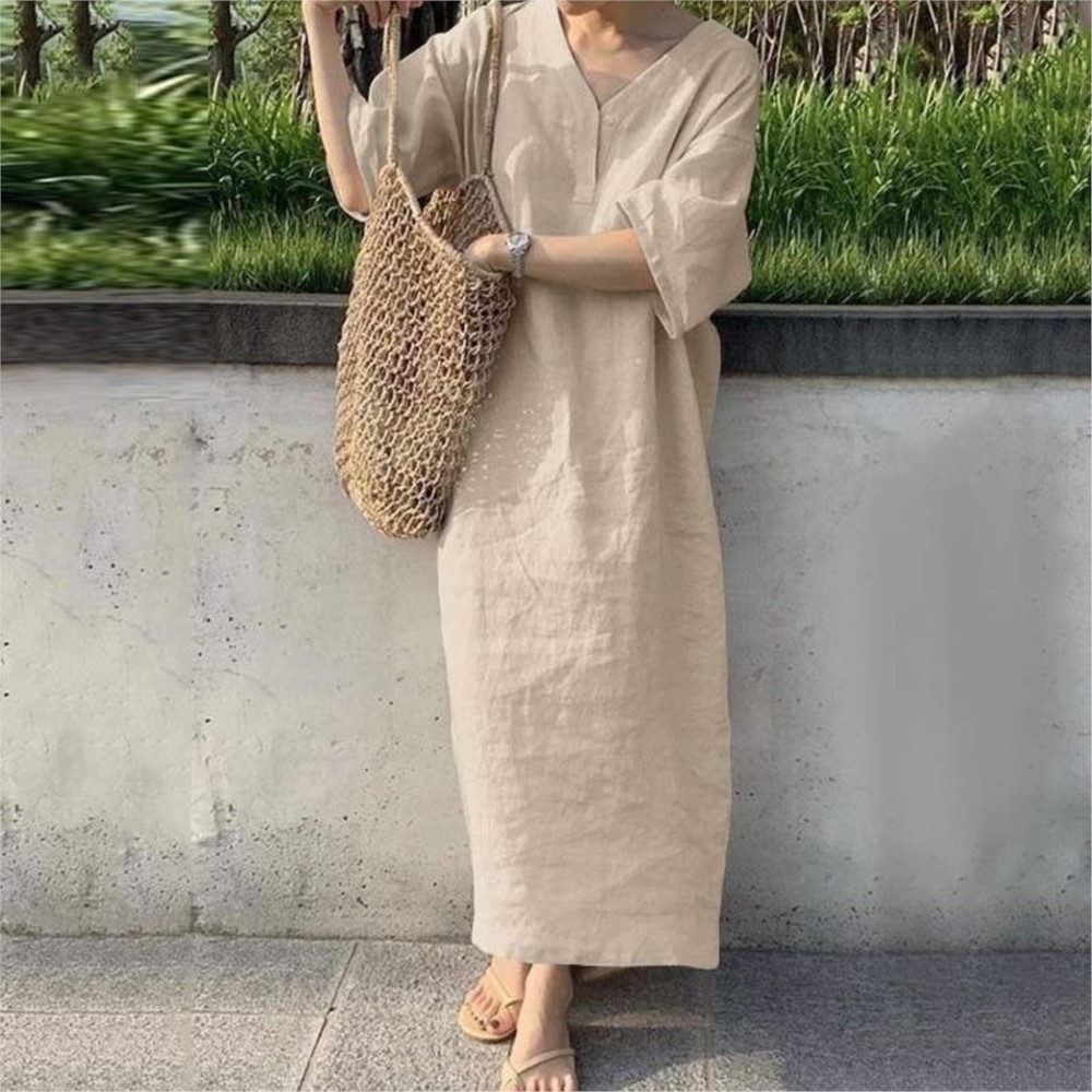 Robe longue en coton et lin pour femmes, manches courtes, col en v, couleur unie, décontractée, ample, vêtements élégants, été, 2024