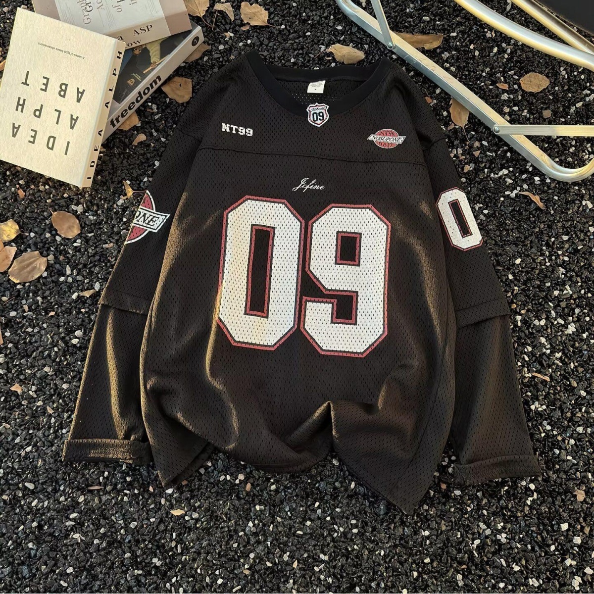 Maillot de football unisexe en maille à manches longues, effet deux pièces, avec motif 09, col en V, coupe ample, style Hip-Hop Street Sport, hauts pull-overs