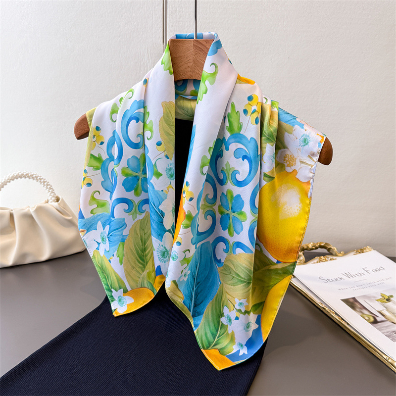 Nouveau Foulard Carré Imprimé Citron 2026 en Satin Doux Imitation Soie pour Femme – Bandana, Hijab, Écharpe Élégante, Châle