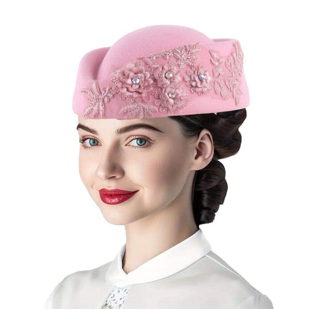 Chapeau Turban en feutre élégant, Vintage, strass, fleur, béret d'église, chapeau pour femmes, hôtesse de l'air, casquette de Cosplay, accessoire de Costume