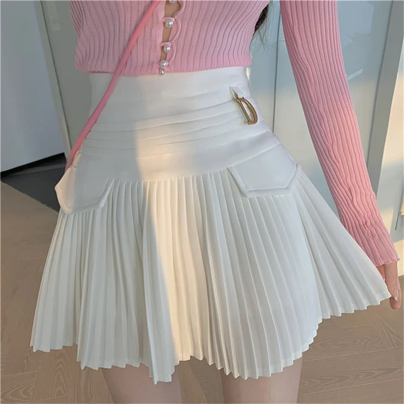 Jupe plissée blanche femmes taille haute jupe patineuse femme coréenne a-ligne haute couture jupe courte décontractée femmes bas