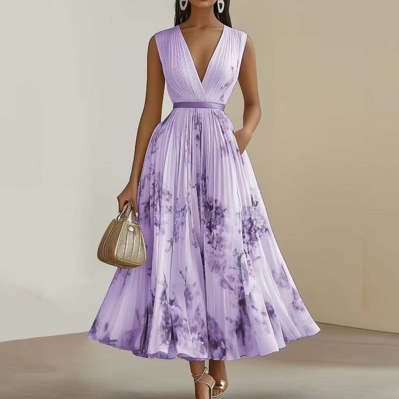 Femmes col en V sans manches fête drapée Maxi robes Vintage élégant bureau robe trapèze florale pour les femmes dame Chic robe de soirée