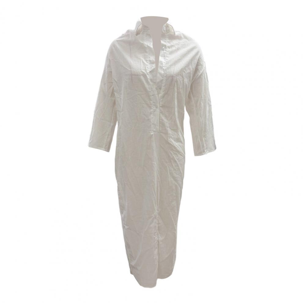 Robe élégante et simple, coupe ample, mi-longue, couleur unie, chemise à manches longues, poche boutonnée, légère