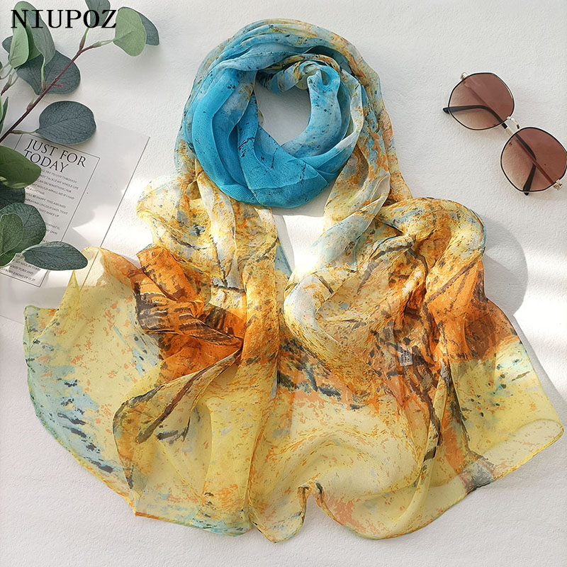 Foulard femme Bandana élégant dégradé couleur arbre de vie fleur mousseline Georgette écharpe Long châle été multicolore