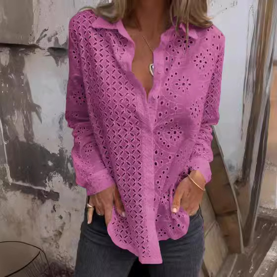 Chemisier en coton à manches longues pour femmes, haut décontracté, broderie florale, dentelle bohème, évider, dames, printemps, automne