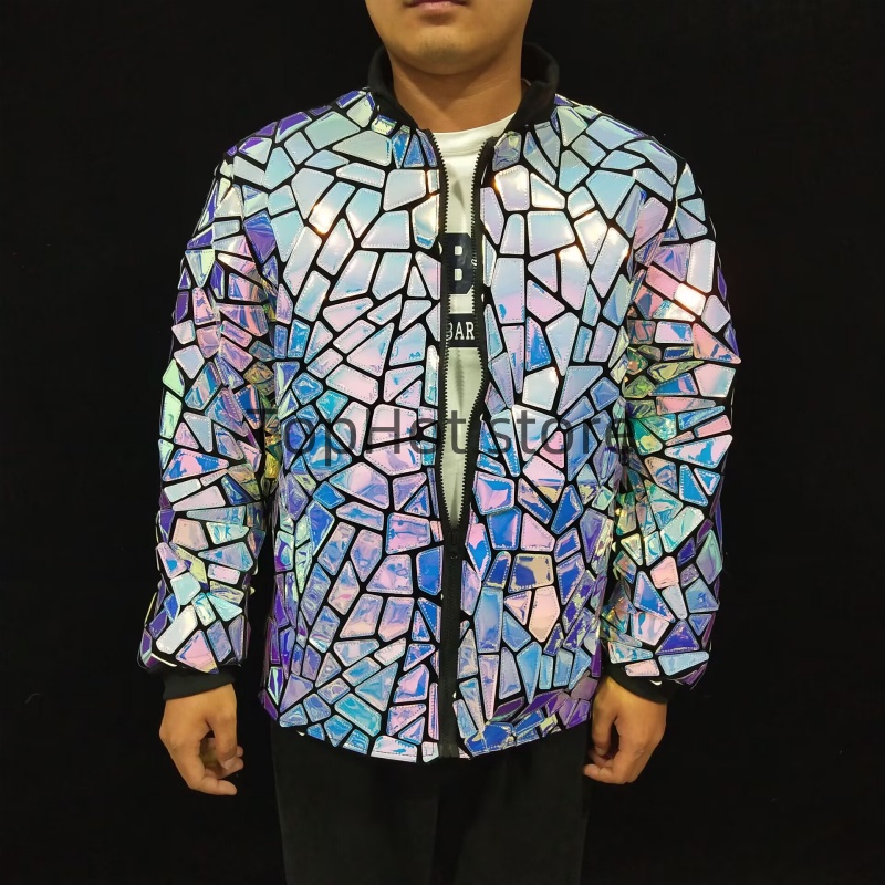 Veste miroir argentée, manteau décontracté à paillettes pour homme, Costume de spectacle sur scène étoile de chanteur, manches longues, Slim