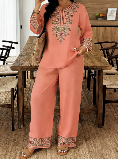 Ensemble deux pièces pour femme, nouvelle collection printemps-automne 2026, imprimé floral, haut ample à col rond et manches longues, et pantalon décontracté taille haute