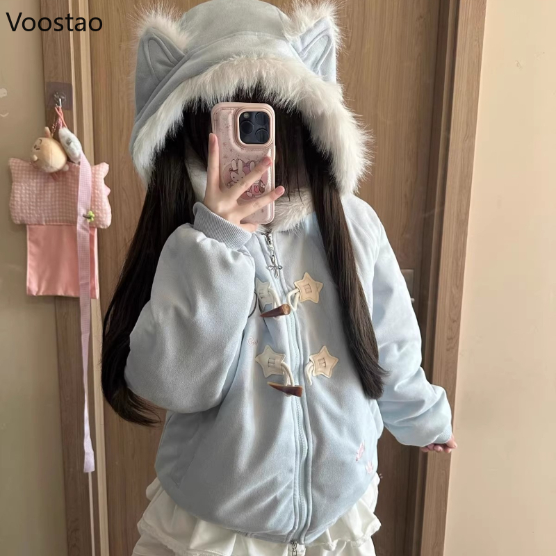 Parka japonaise Style Lolita pour femmes, manteau à capuche décontracté avec broderie de chat de dessin animé, veste chaude en peluche esthétique Y2k pour filles