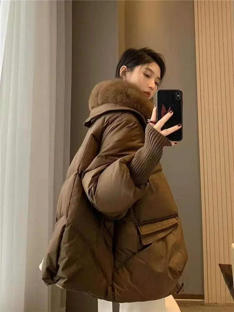 Femmes hiver nouveau col de fourrure bouffant vers le bas Parka ample vers le bas plus chaud épaissir veste de neige poche fermeture éclair fausse fourrure vêtements d'extérieur femme
