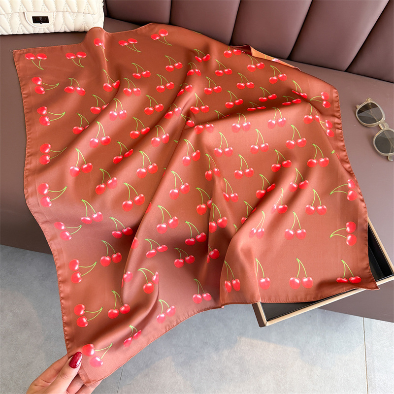 Écharpe carrée en Satin de luxe pour femmes, châles et enveloppes à motif de cerise et de fruits mignons, petit sac à la mode, foulards à cravate pour cheveux, Bandanas 70x70Cm