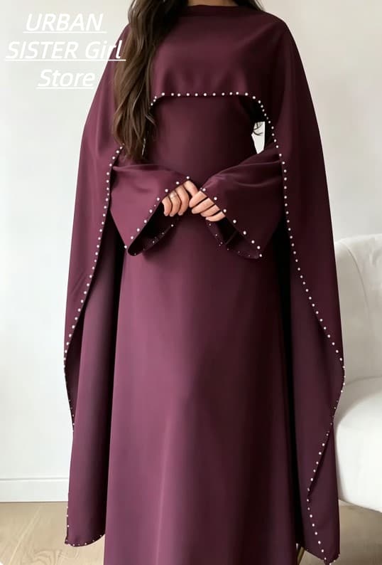 Cape ornée de perles avec manches cloche, robe musulmane, robe de soirée longue élégante de couleur unie