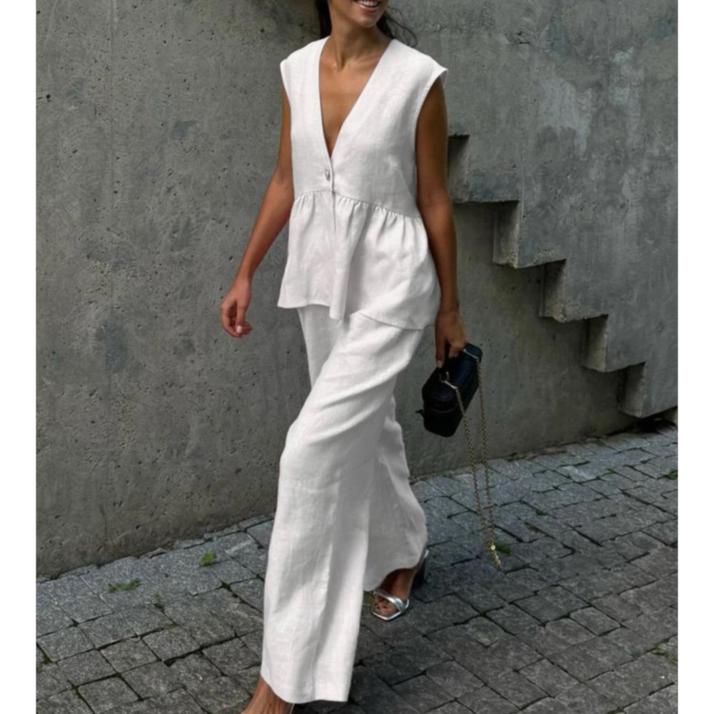 Ensemble gilet et pantalon Long sans manches en coton, haut Sexy à col en v, couleur unie, tempérament, ensemble deux pièces pour femmes