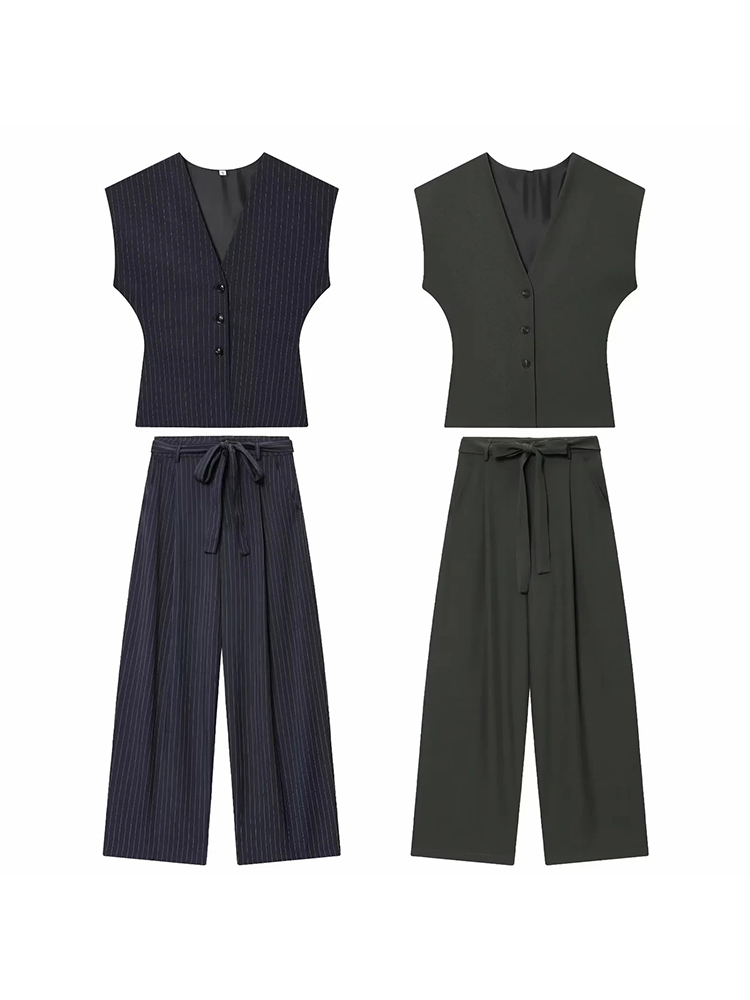 Ensemble 2 pièces mode femme : Gilet sans manches col en V à rayures fines et pantalon plissé ample d'été avec poches et ceinture zippée