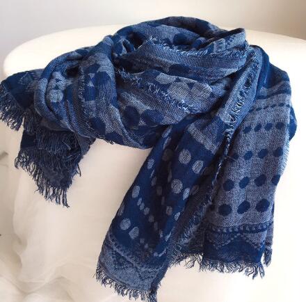Écharpe de Luxe en Coton Doux pour Homme et Femme, Châle Rond Jacquard Tissé, Long, Bleu avec Glands, 60x185cm