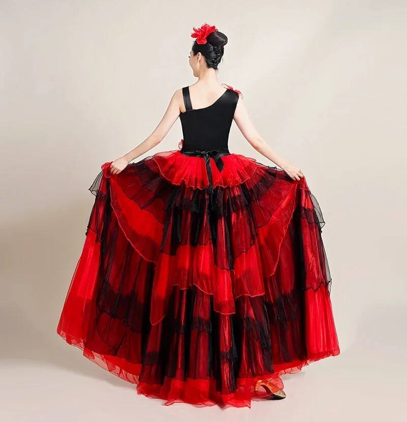 Robe de spectacle de flamenco espagnol pour femmes, jupe ample à grande ouverture, costume de scène espagnole