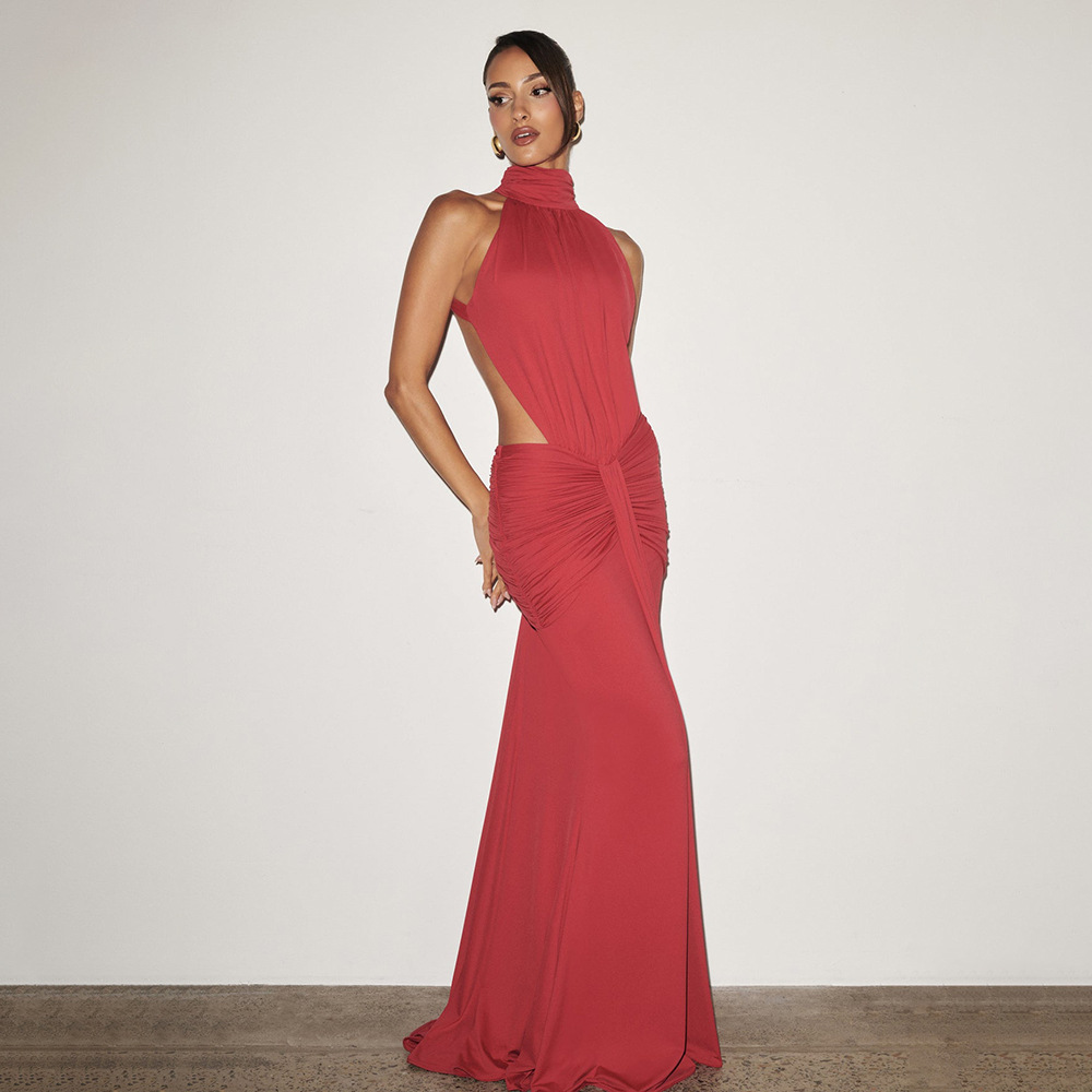 Robe longue élégante marron moulante et sexy pour femme, col roulé de luxe, dos nu, noire, pour soirée, robe moulante d'été