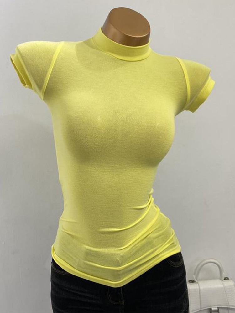 T-shirt à col mi-haut coréen transparent à manches courtes, ajusté, élastique, uni, idéal comme sous-vêtement, sexy, pour poitrine généreuse.