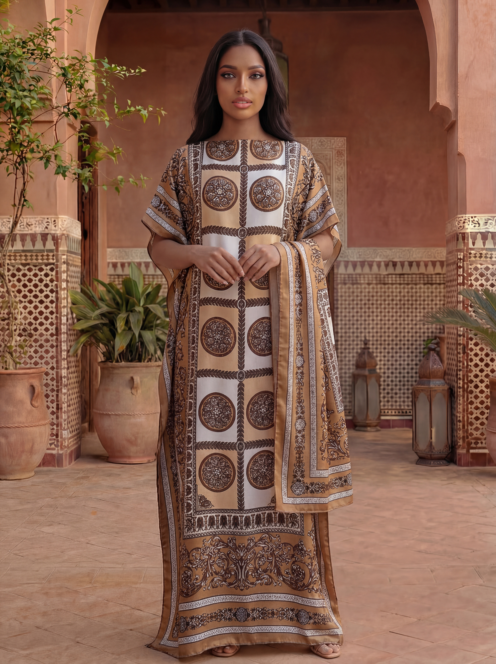 Abaya imprimée pour femmes africaines avec foulard - Robe maxi kaftan ample style Dubaï à col bateau et manches chauve-souris