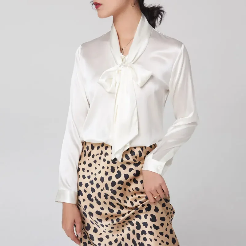 Chemise en soie de mûrier lourde pour femmes, chemisier à manches longues en Satin de soie, col en v, avec ruban à nœud, nouvelle collection printemps et automne 2025