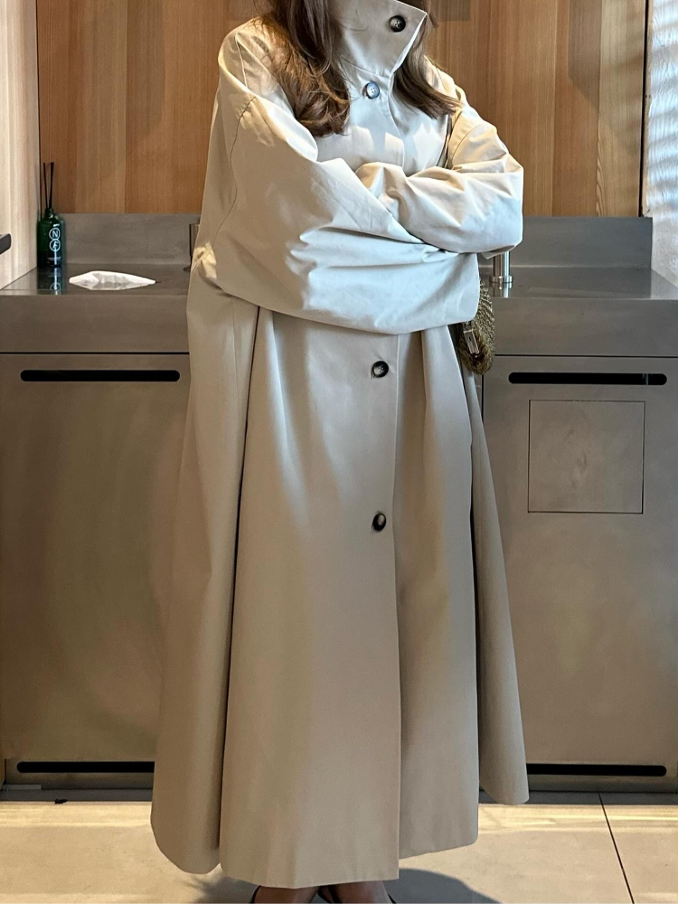 Manteau trench mi-long pour femme, col montant, simple boutonnage, manches longues, coupe droite oversize, automne, décontracté, polyvalent, streetwear