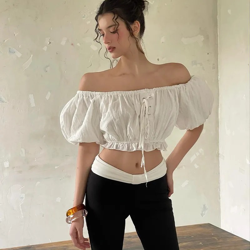 Crop top blanc pour femme - Manches bouffantes à volants - Taille élastique