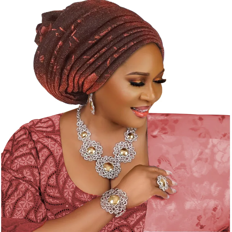 Couvre-chef de mariage nigérian, Turban à paillettes, foulard plissé pour femmes, Bonnet Hijab, couvre-chef africain Auto Gele