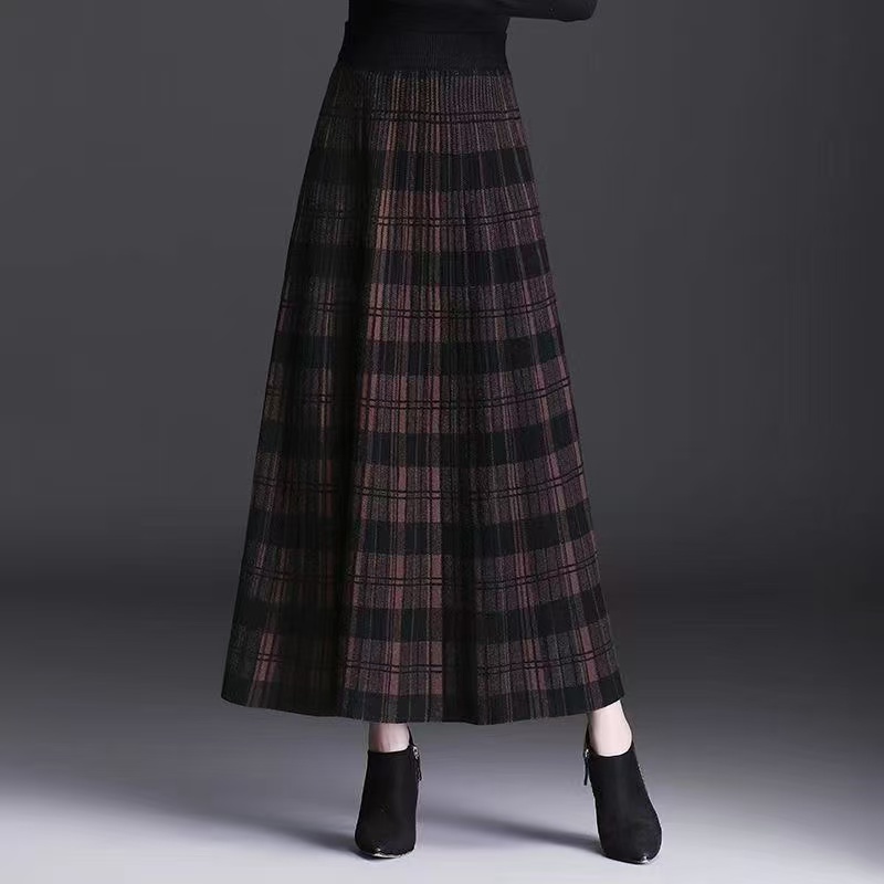 Jupe longue en tricot à carreaux pour femme, taille haute élastique, coupe A-line, épaisse, pour l'automne et l'hiver