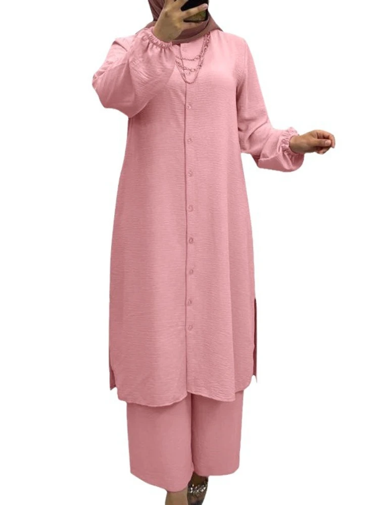 Eid Ensemble musulman femmes 2 pièces chemise Blouses pantalon à jambes larges Musulman Ensemble dubaï décontracté arabe Ramadan caftan 2024 tenue costumes