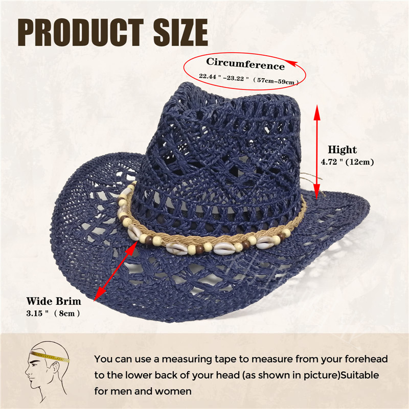 Chapeau de paille bohème d'été pour femmes et hommes, chapeaux de Cowboy de plage, perles en bois ajourées, chapeau de soleil occidental à large bord, casquette de vacances