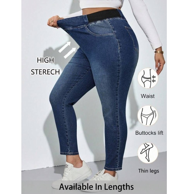 Jeans pour femmes grandes tailles, pantalon en denim décontracté à taille élastique, adapté aux trajets quotidiens, denim délavé, tendance, polyvalent, amincissant