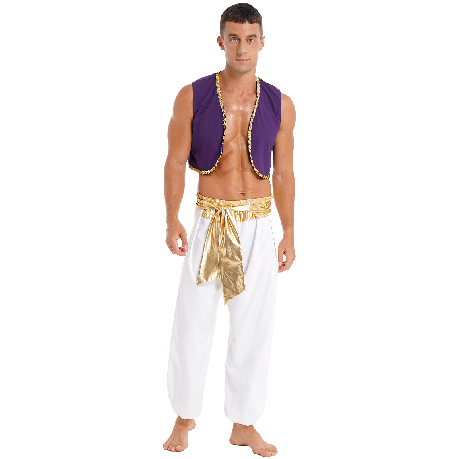 Costume de Prince arabe d'halloween pour hommes, robe fantaisie de fête des Aladines mythiques, tenue de Cosplay, gilet à paillettes avec pantalon ceinturé