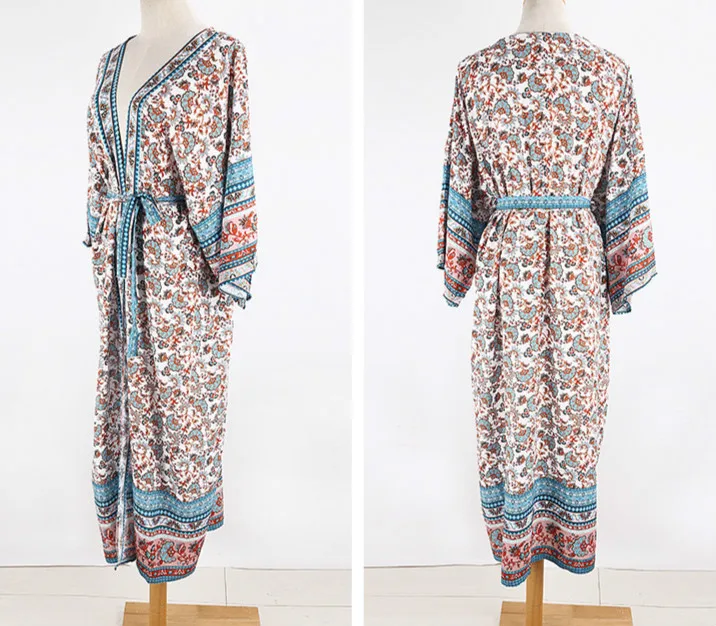 Robe de plage bohème en coton, rayonne, imprimé floral, cache-maillot de bain, cardigan, manches kimono, bohème, décontracté, été, éducatif