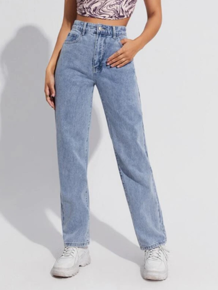 Jean en Denim pour Femme, Pantalon Droit, Taille Haute, Poches Ajustées, Basique, Rinse, Solide, Document FjVintage, Décontracté, 2024