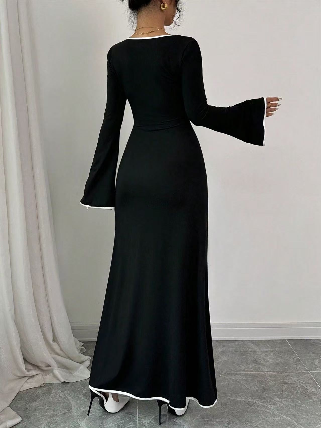Robe à manches longues et col carré pour femme, couleur contrastée