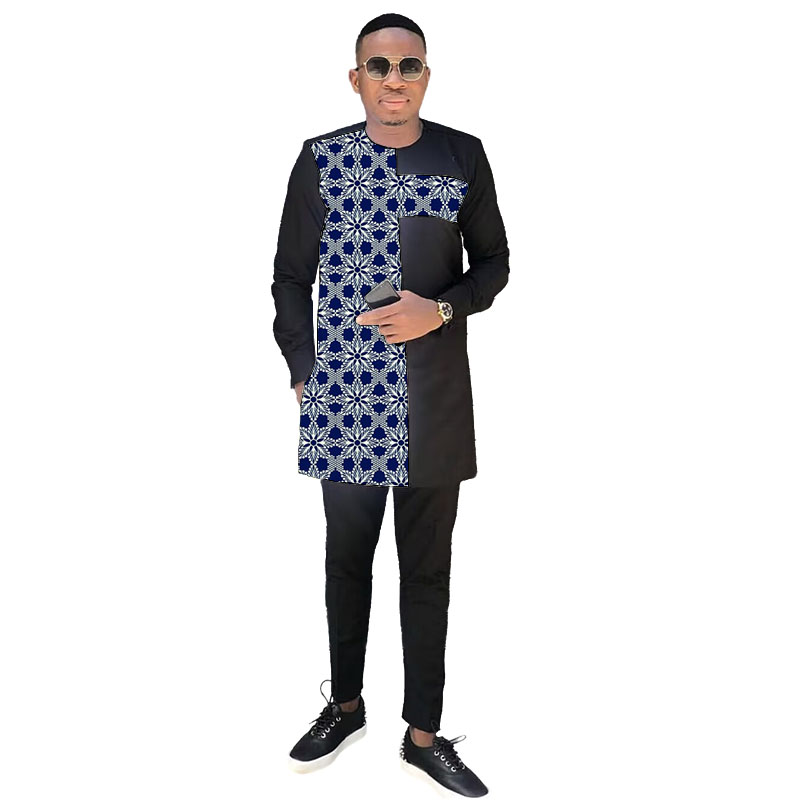 Ensemble noir de Couture africaine pour hommes, hauts en Patchwork avec pantalon, mode nigériane, Design Original, vêtements de fête, costume de marié
