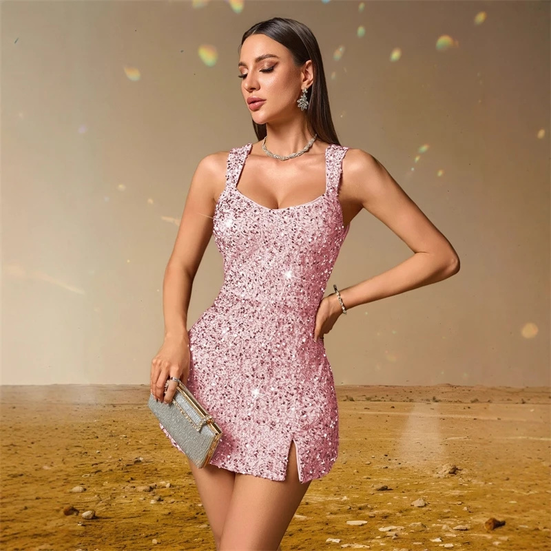 Femmes robes à fente basse été paillettes brillantes robe de soirée Sexy robes de soirée élégantes Cocktail robes de bal d'anniversaire courtes XSY225