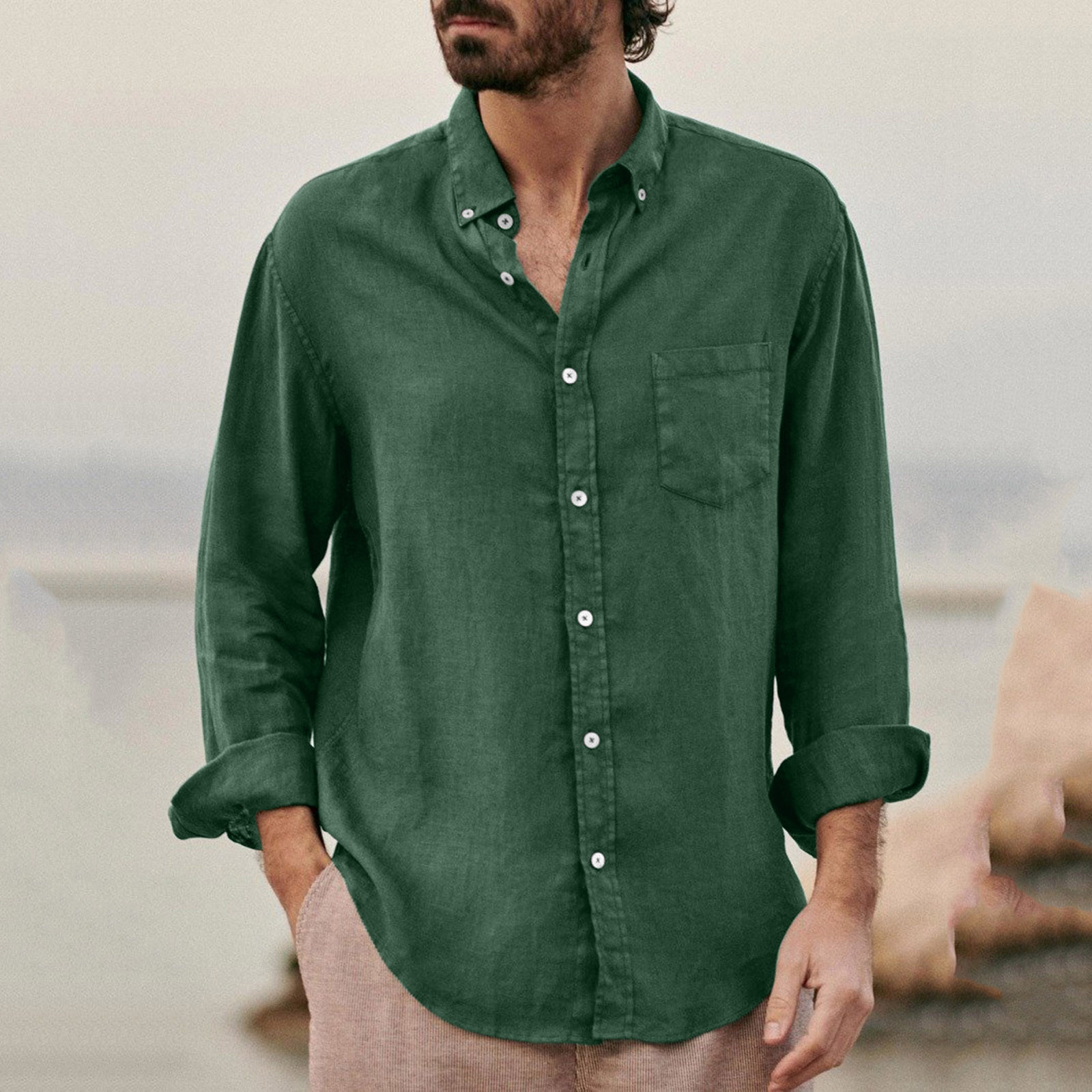 Chemise décontractée à manches longues pour homme en coton, polyester et lin, respirante, boutonnée, avec poche poitrine, idéale pour l'été et les vacances à la plage