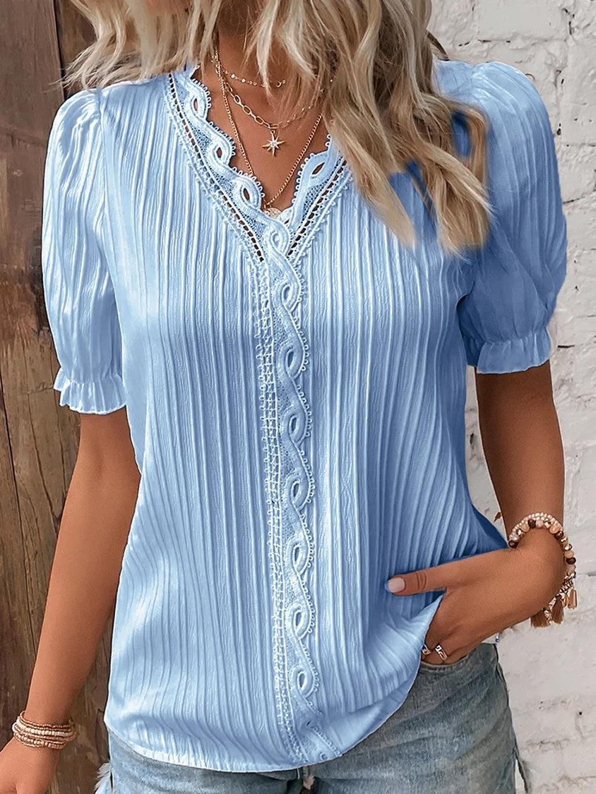 Femmes élégantes Blouse chemise col en V dentelle Patchwork chemises à manches courtes pour les femmes été montre de sport blanc