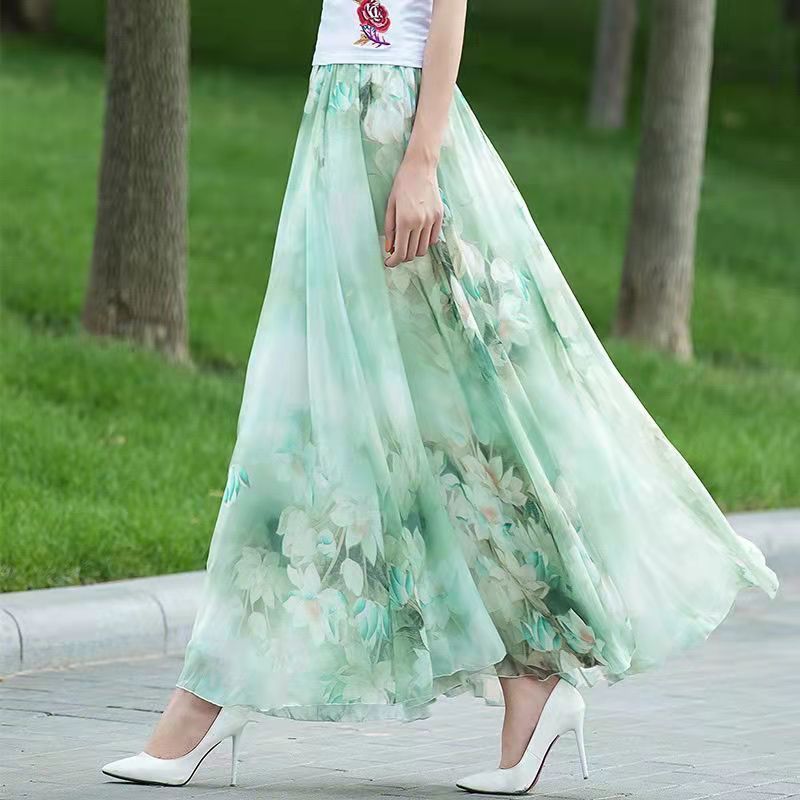Jupe longue taille haute en mousseline de soie pour femme, tenue élégante de Style coréen, imprimé Floral, coupe trapèze, Style Boho, offre spéciale, été