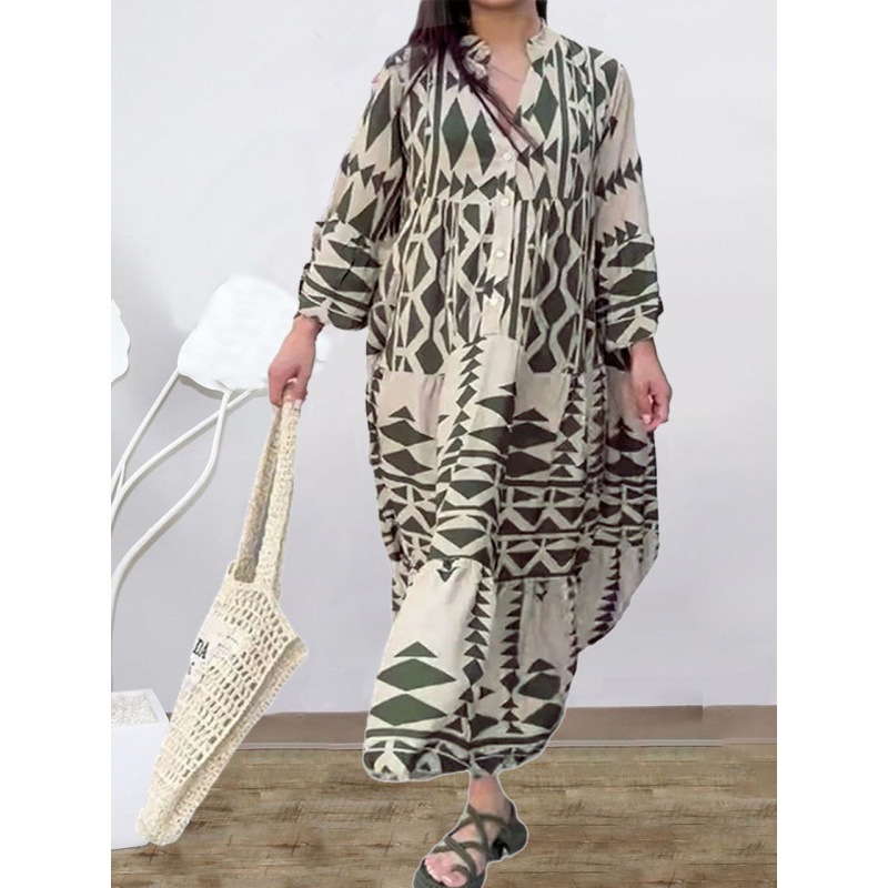Robe longue plissée à manches longues pour femmes, imprimé Boho, mode dames, Vintage, Boho, plage, Maxi, été, 2024