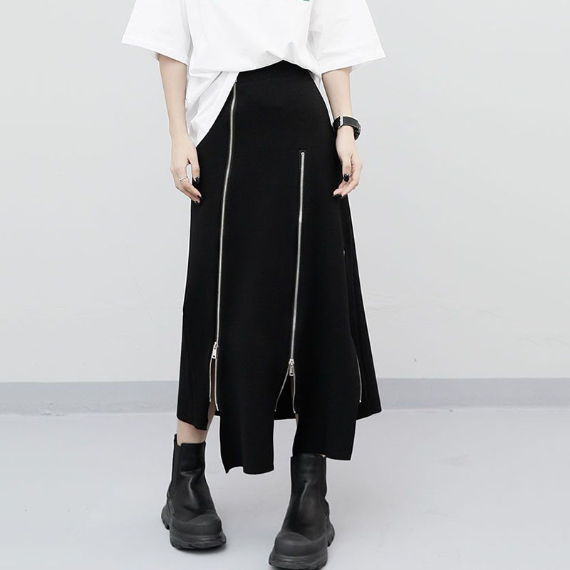 Jupe taille haute pour femme, style punk Harajuku, irrégulière, fermeture éclair, gothique, noir, hip hop, streetwear